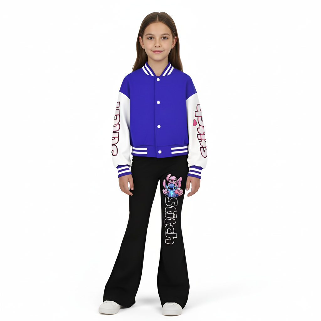 Stitch Floral Print Girls Baseball Jacket And Bell Bottom Pants 2 Piece Set