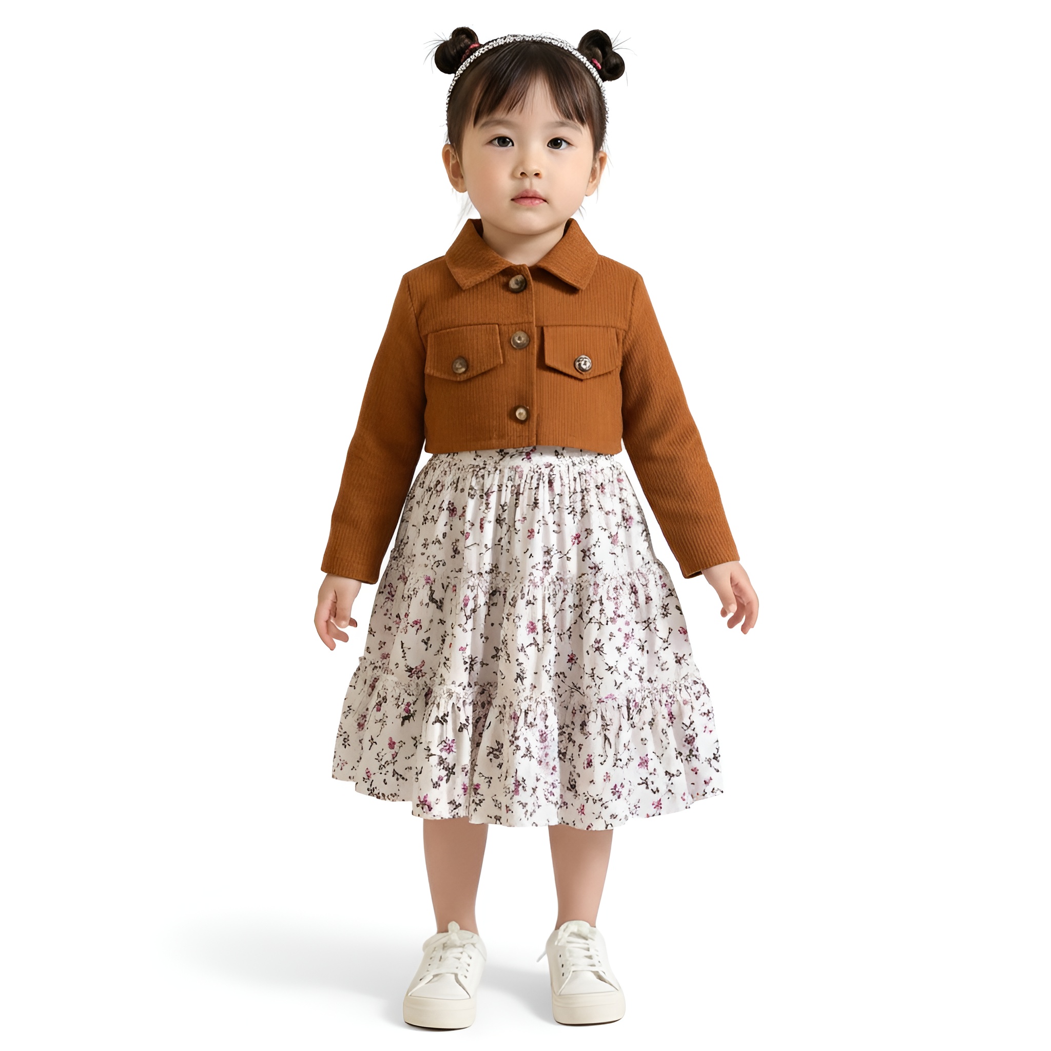 Girls Floral Print Sundress with Turn Collar and Long Sleeve Coat Two Piece Set