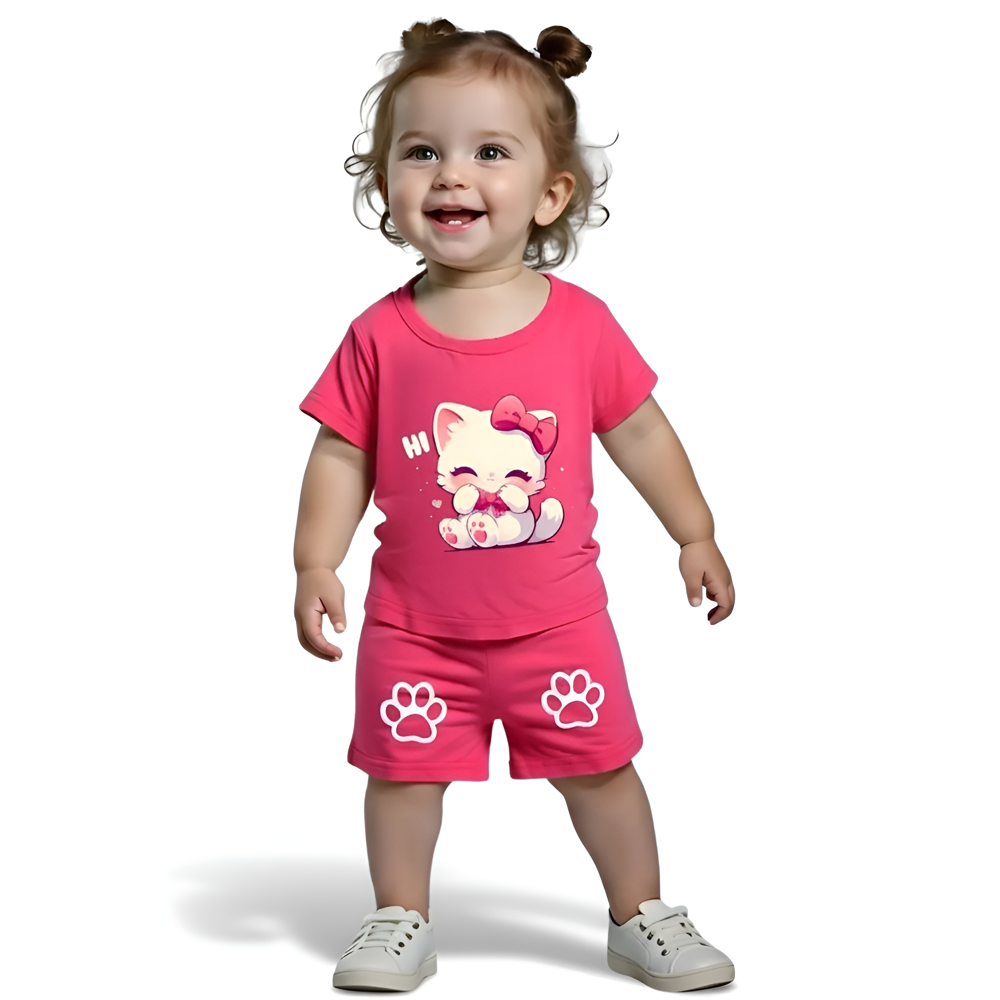 Girl Bow Cartoon Print Short Sleeved Top and Shorts Two Piece Set