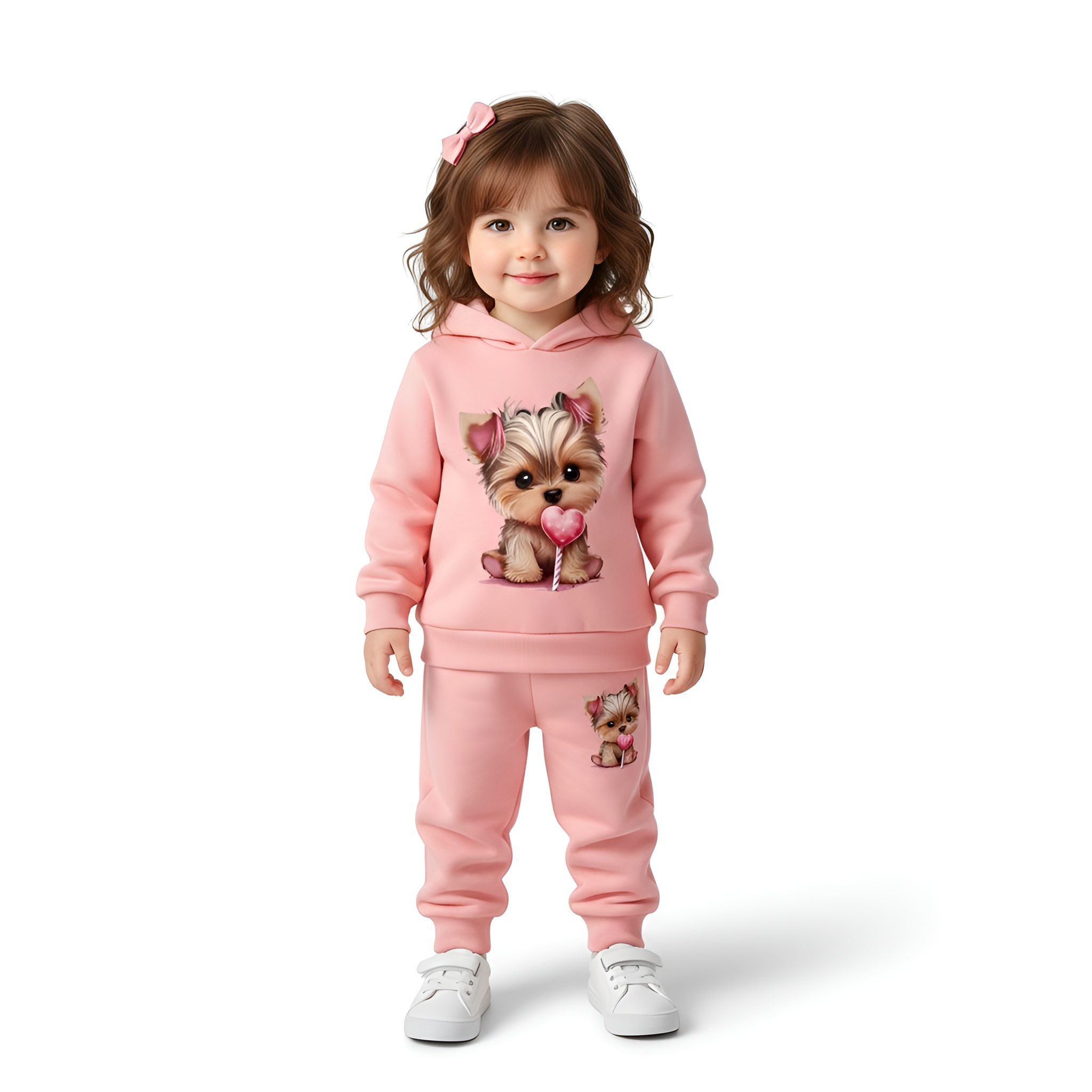 Girls Cartoon Print Hooded Fleece Long Sleeve Sweatshirt and Pants Two Piece Set