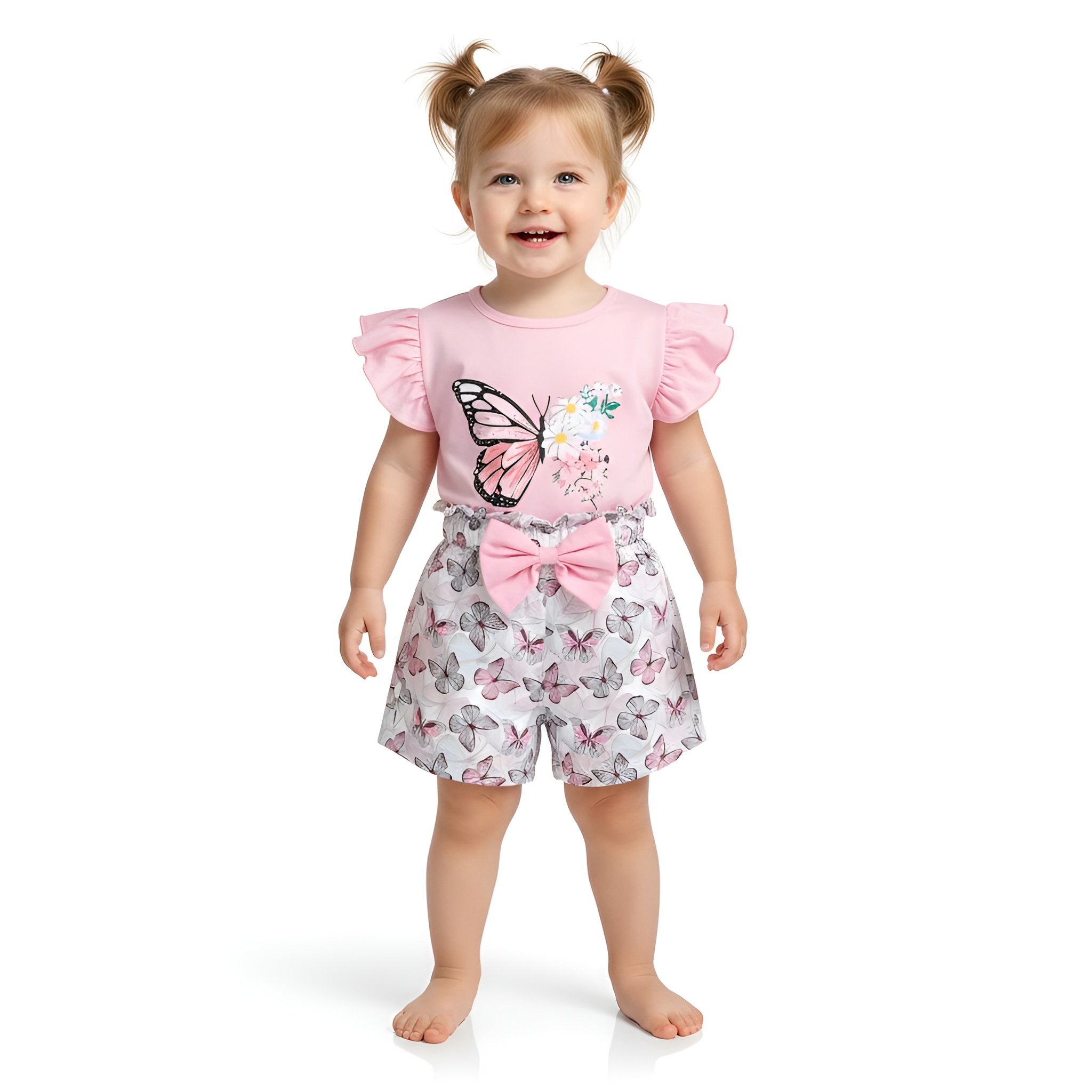 Girls Butterfly and Floral Print Top and Shorts Two Piece Set