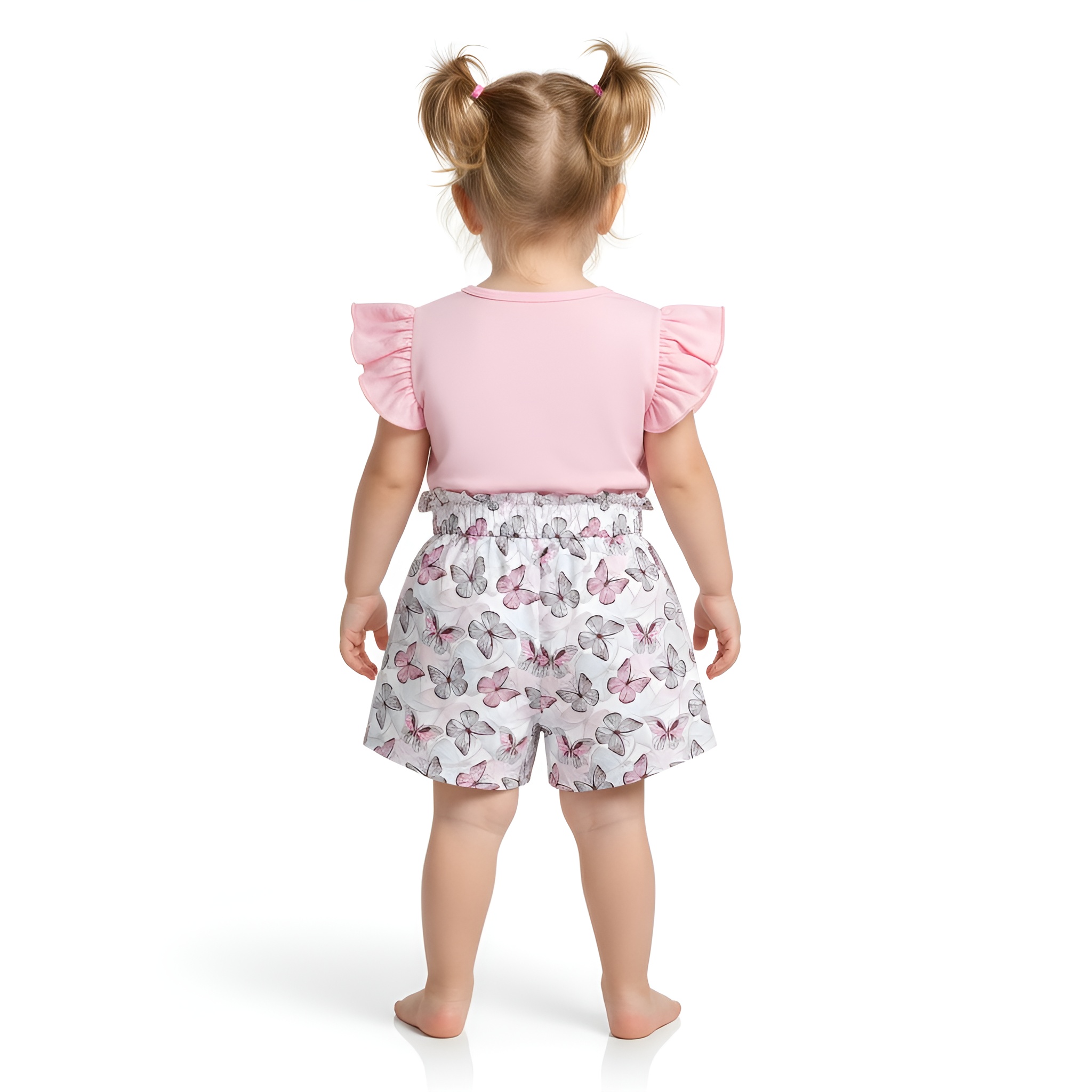 Girls Butterfly and Floral Print Top and Shorts Two Piece Set