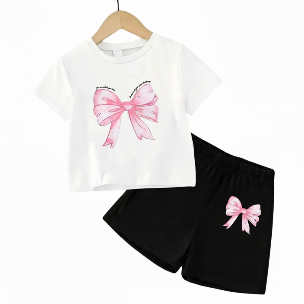 Girls Bow Print Short Sleeve Top And Shorts