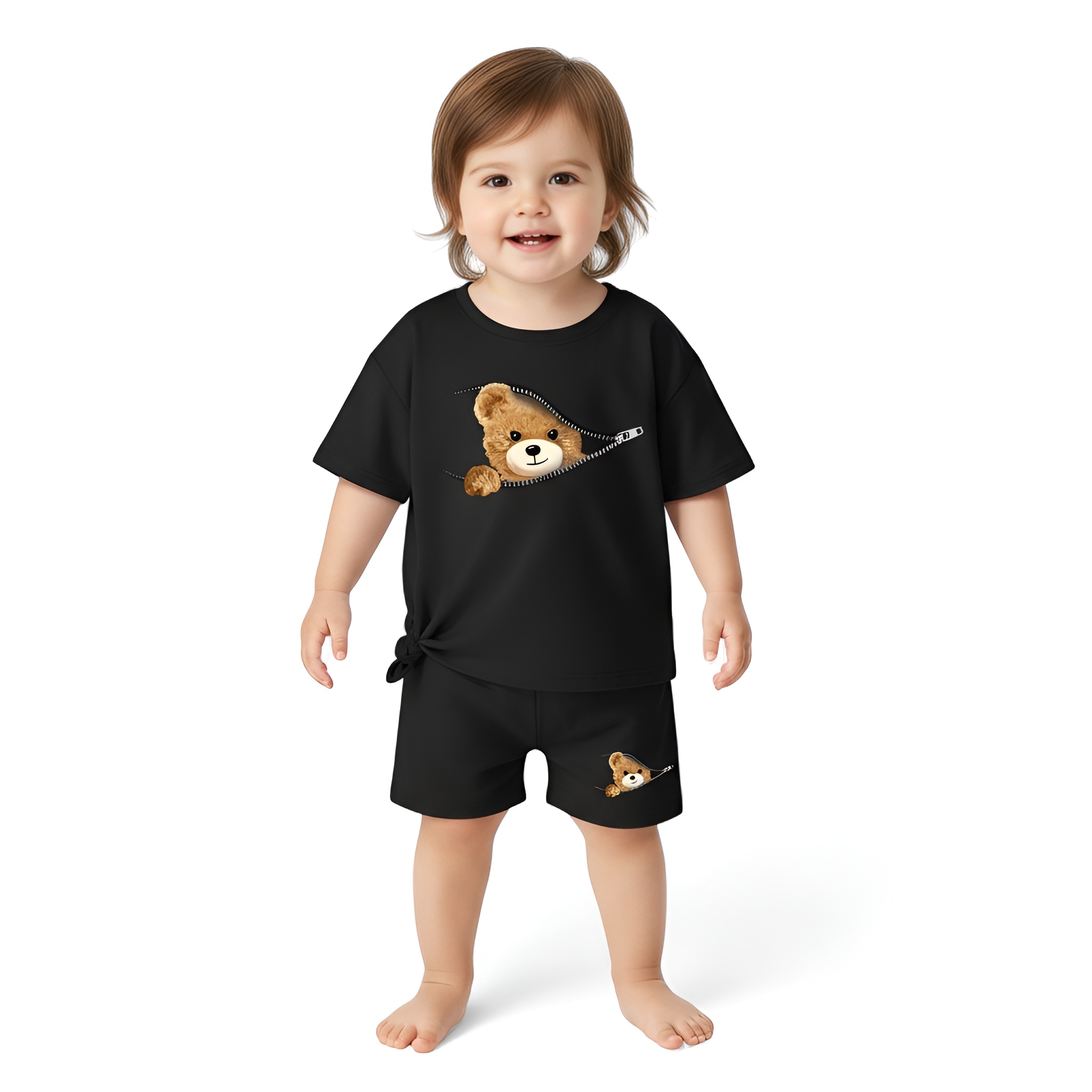 Summer Style Cartoon Bear Print Zipper Round Neck Short Sleeve Set