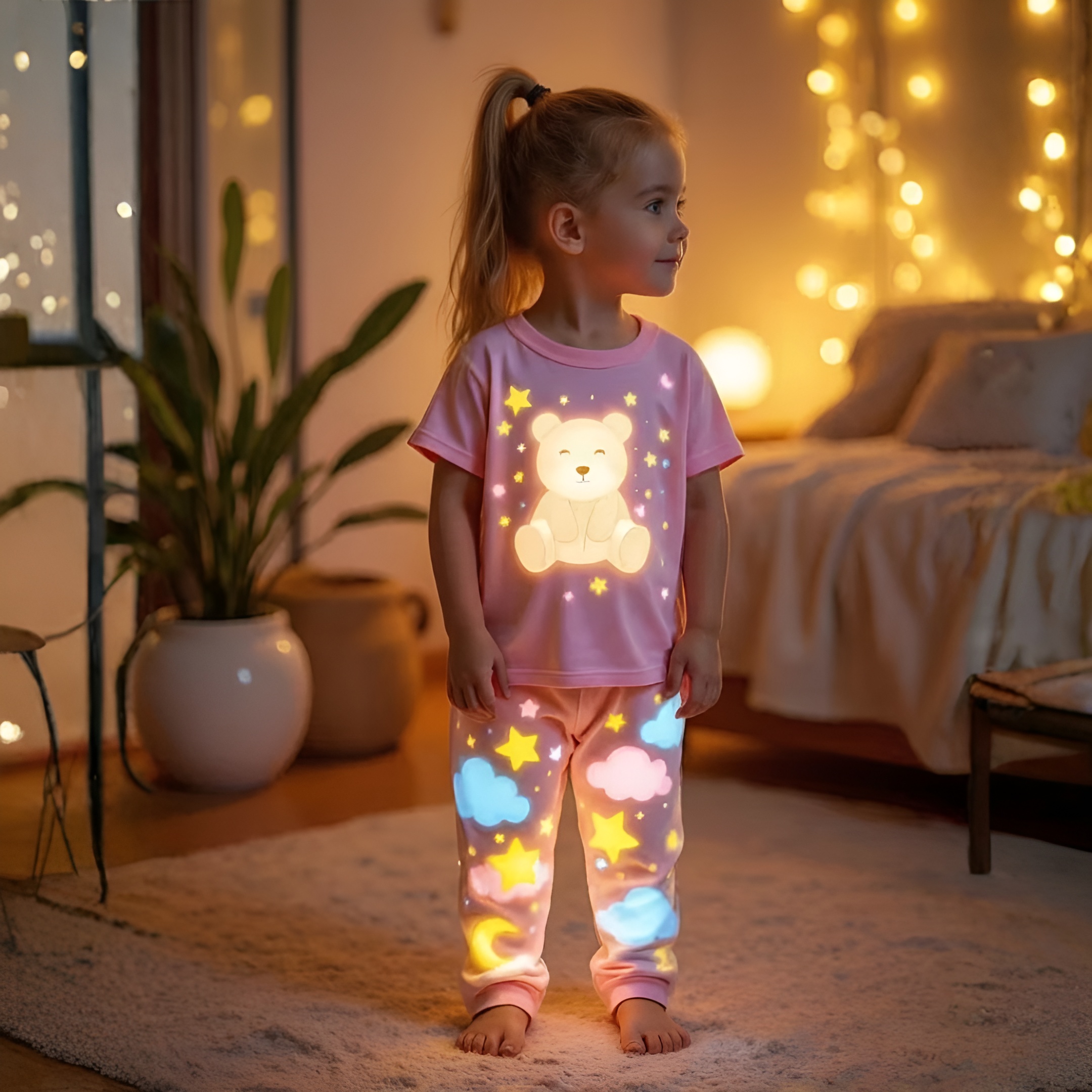 2 Pieces Bear Moon Cloud Element Print Short Sleeve Tshirt and Pants Set for Girls