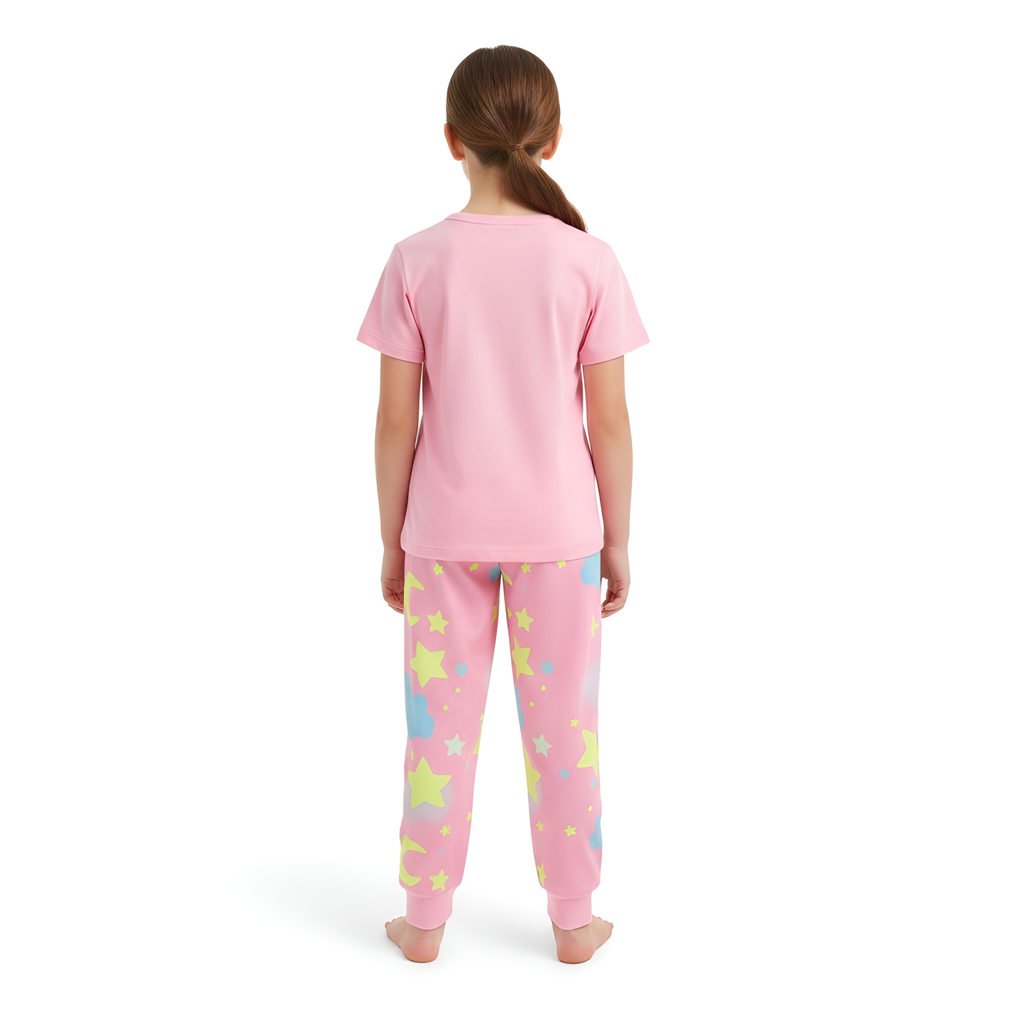 2 Pieces Bear Moon Cloud Element Print Short Sleeve Tshirt and Pants Set for Girls