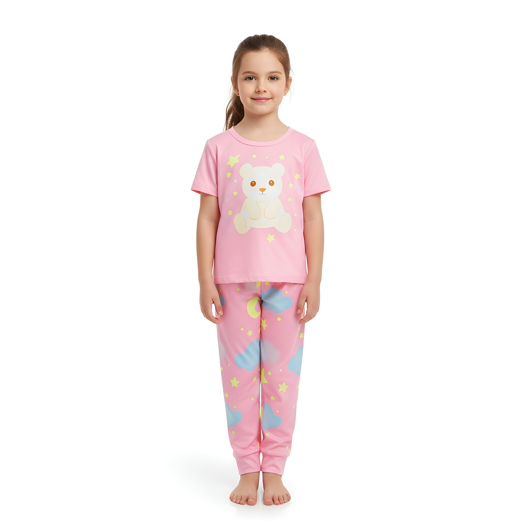 2 Pieces Bear Moon Cloud Element Print Short Sleeve Tshirt and Pants Set for Girls