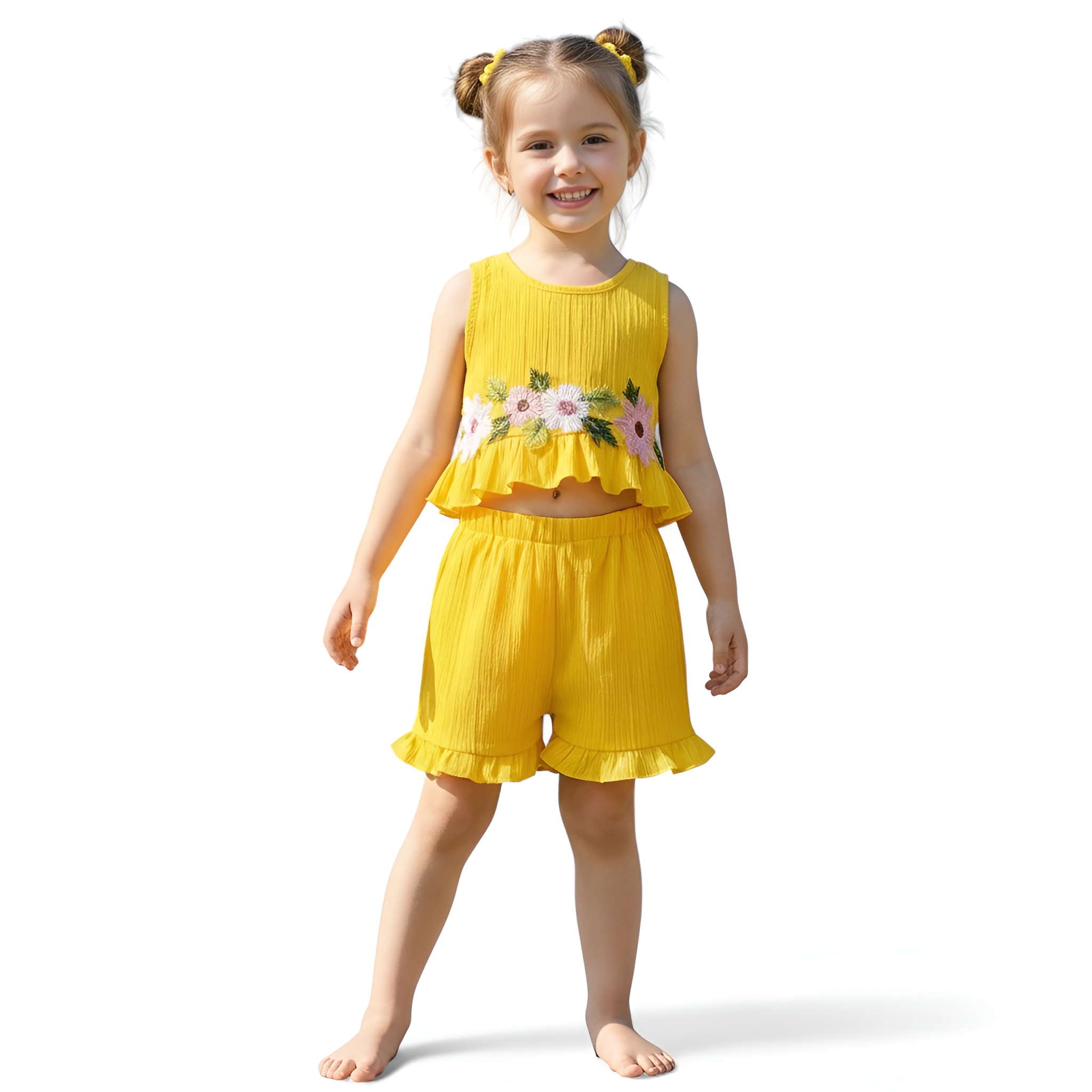 Sleeveless Top with Floral Embroidery And Ruffle Shorts