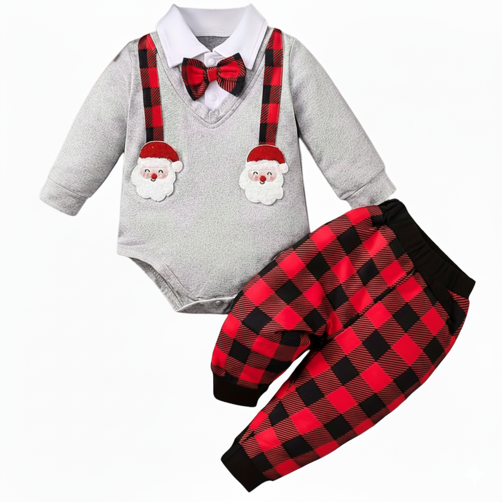 Baby Christmas Plaid Romper And Pants Set With Bow Detail 2 Piece Set