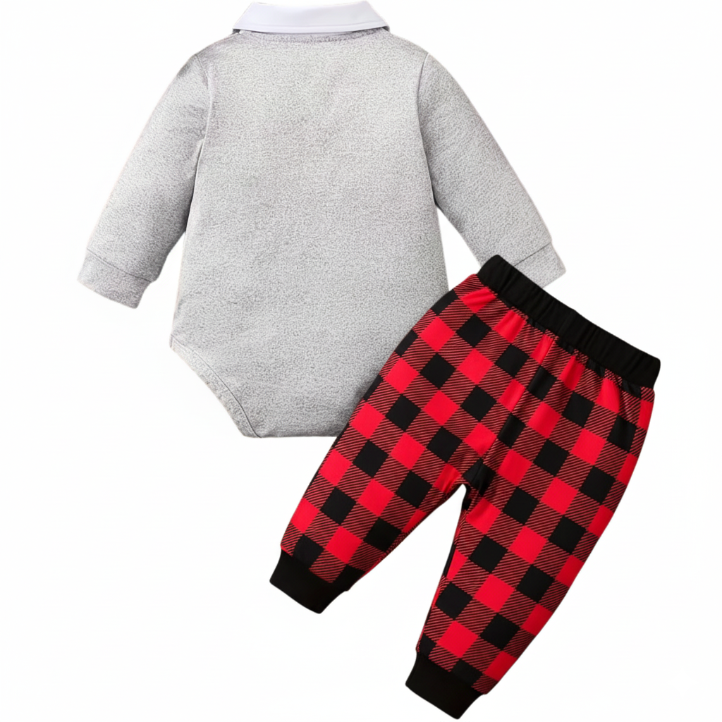 Baby Christmas Plaid Romper And Pants Set With Bow Detail 2 Piece Set