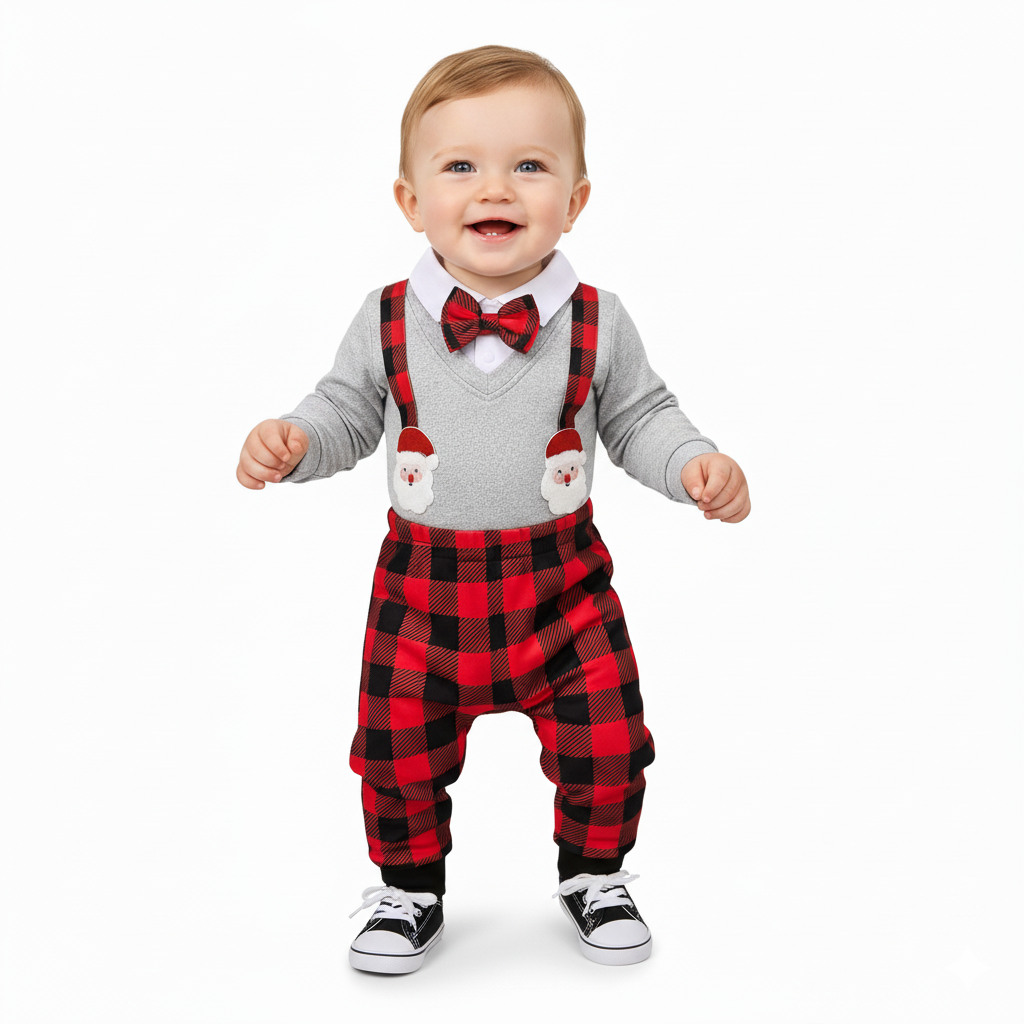 Baby Christmas Plaid Romper And Pants Set With Bow Detail 2 Piece Set