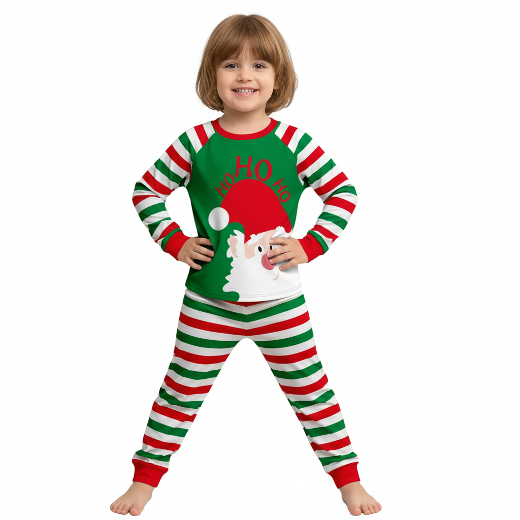 Flame Retardant Santa Striped Christmas Pajamas Set For Boys And Girls