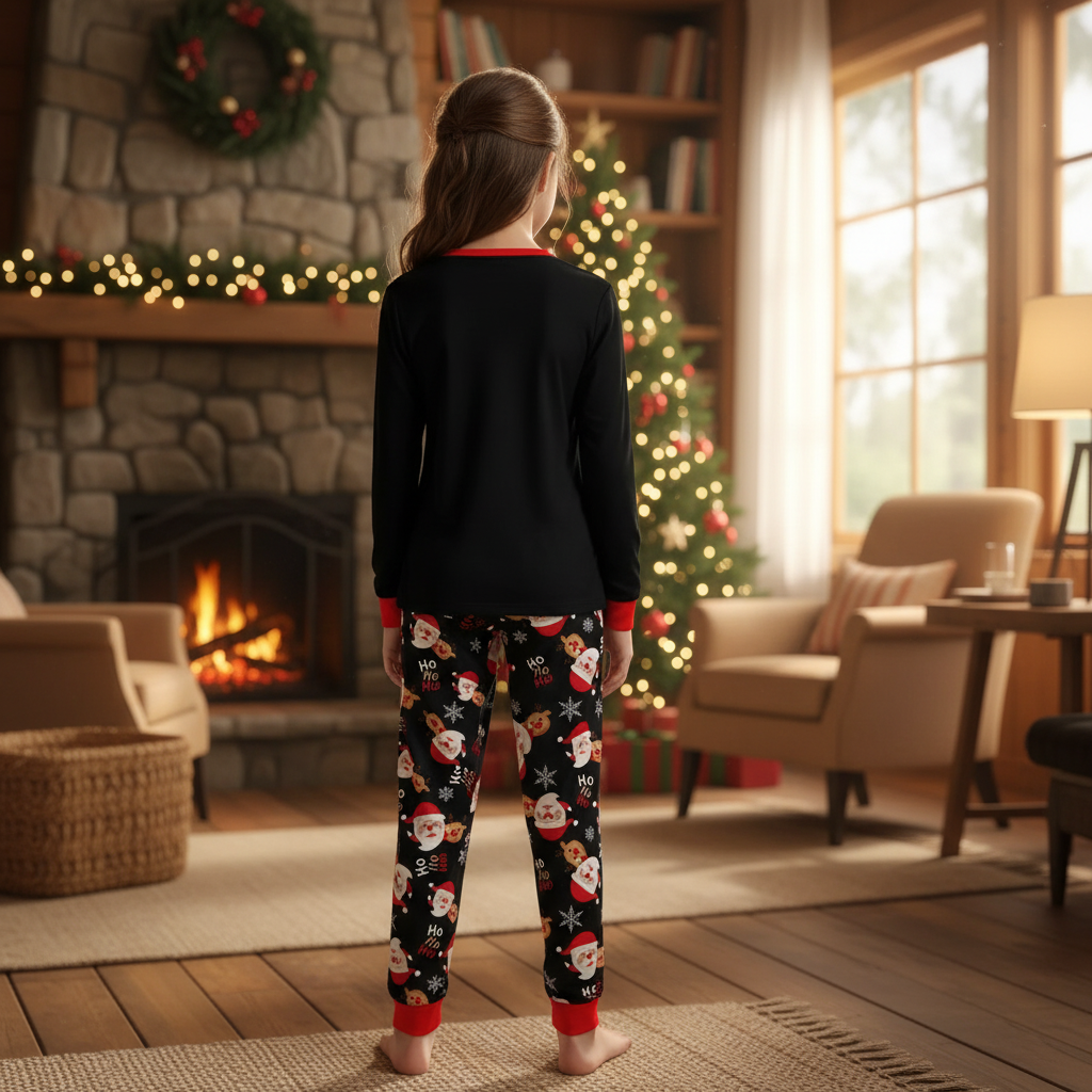 Cartoon Reindeer Print Matching Set for Kids Sleepwear with Flame Retardant Fabric