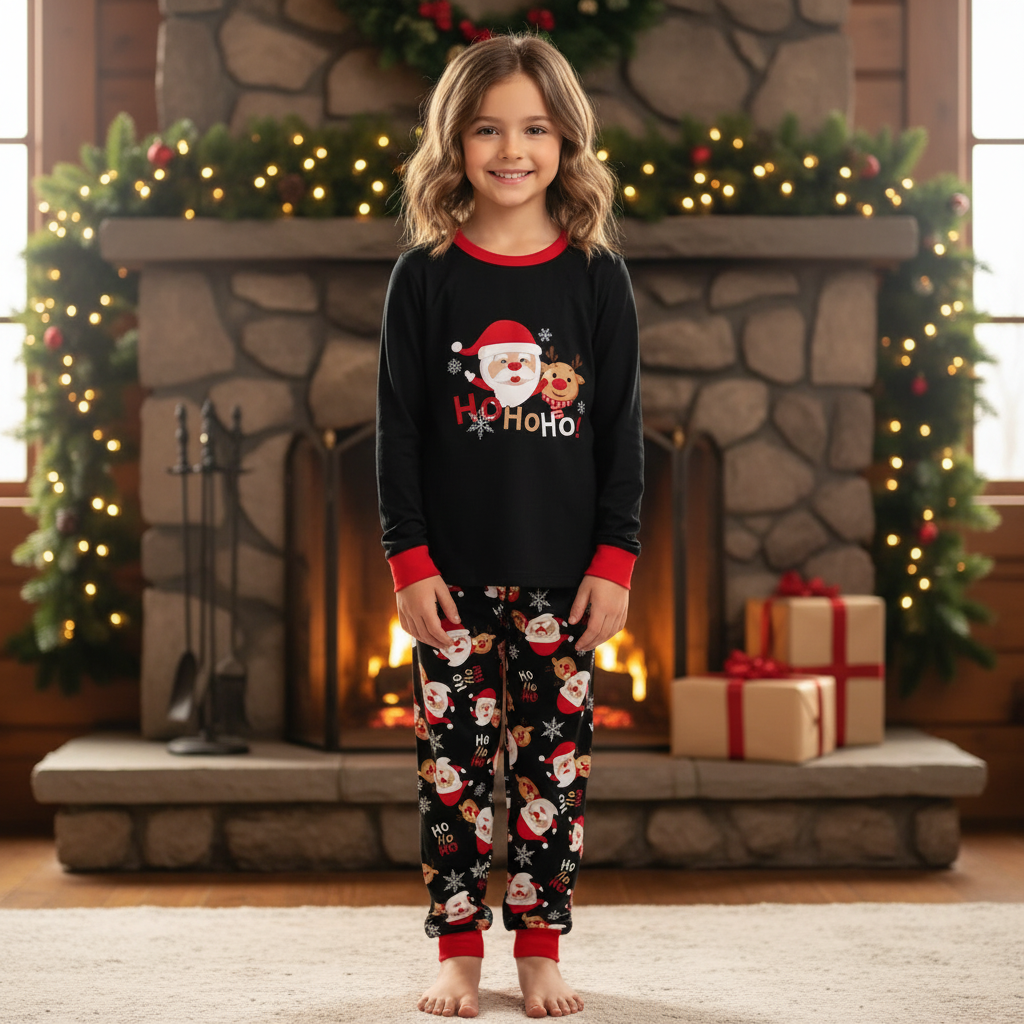 Cartoon Reindeer Print Matching Set for Kids Sleepwear with Flame Retardant Fabric