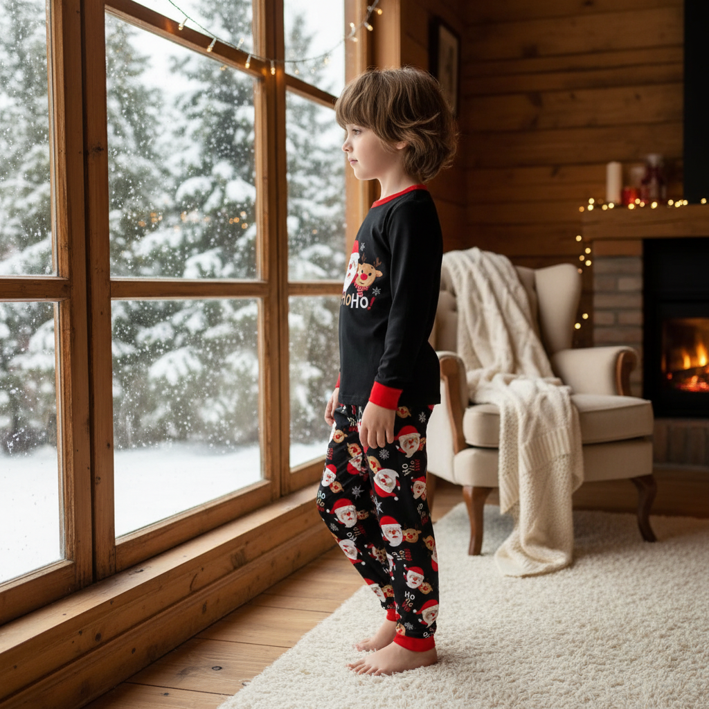 Cartoon Reindeer Print Matching Set for Kids Sleepwear with Flame Retardant Fabric