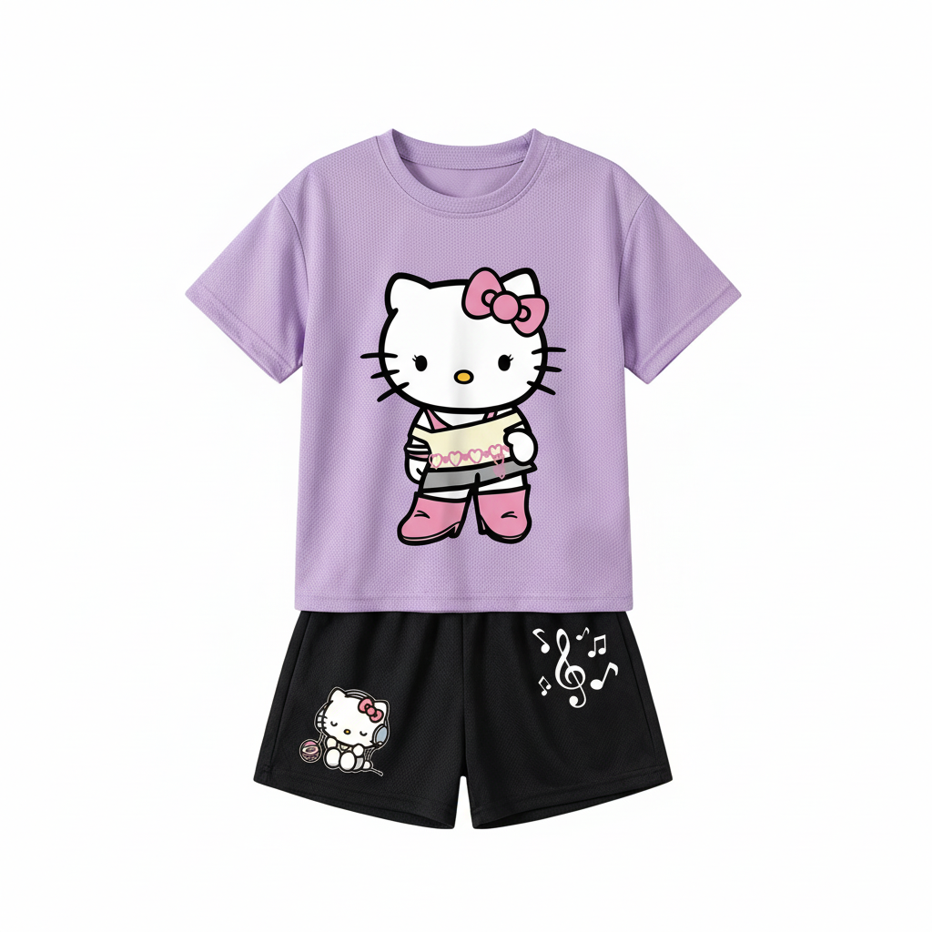 Hello Kitty Graphic Themed Mesh T Shirt And Shorts Outfit Set For Girls