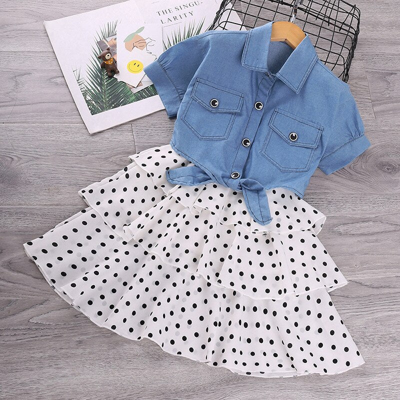 Short-Sleeved Denim Jacket And Polka Dot Suspender Skirt Set-Children Cloth Shop