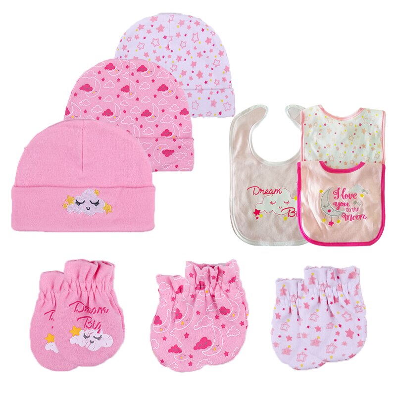 3Pcs Unisex Baby Cartoon Print Hat, Glove And Bibs Set-Children Cloth Shop