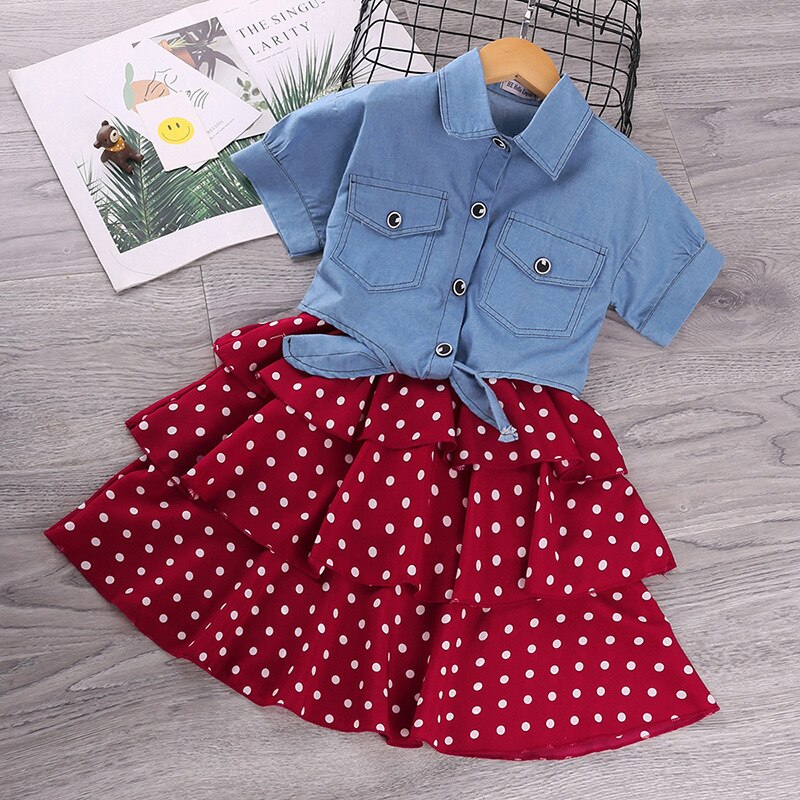 Short-Sleeved Denim Jacket And Polka Dot Suspender Skirt Set-Children Cloth Shop