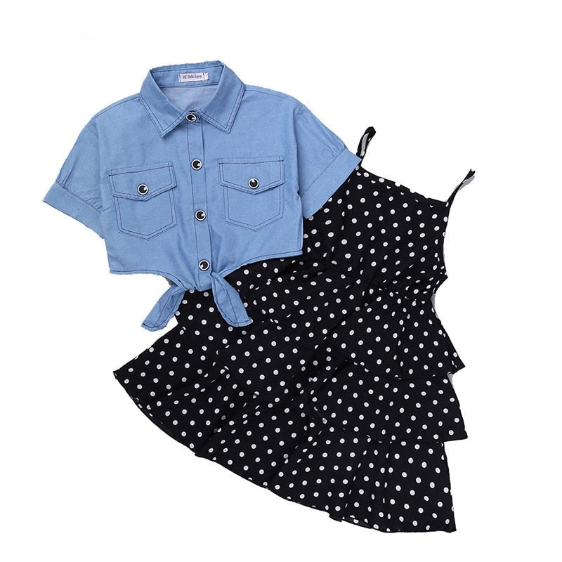 Short-Sleeved Denim Jacket And Polka Dot Suspender Skirt Set-Children Cloth Shop