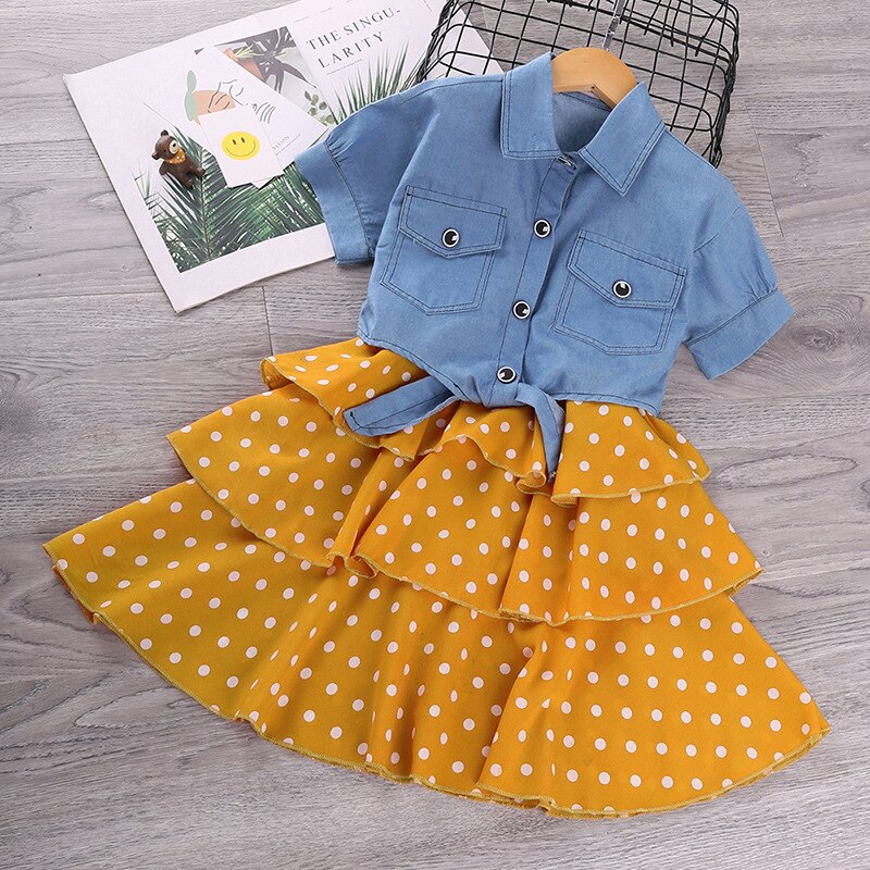 Short-Sleeved Denim Jacket And Polka Dot Suspender Skirt Set-Children Cloth Shop
