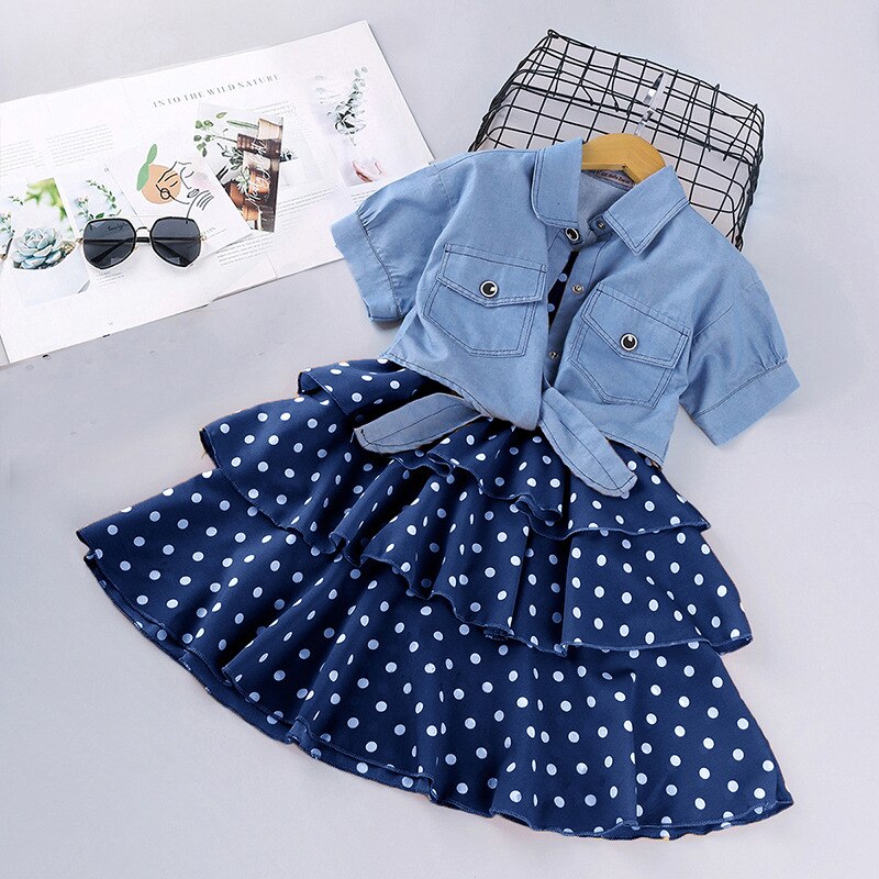 Short-Sleeved Denim Jacket And Polka Dot Suspender Skirt Set-Children Cloth Shop
