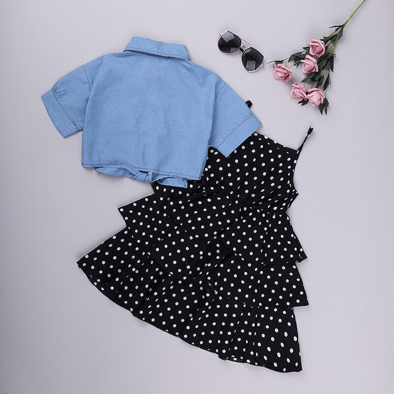 Short-Sleeved Denim Jacket And Polka Dot Suspender Skirt Set-Children Cloth Shop