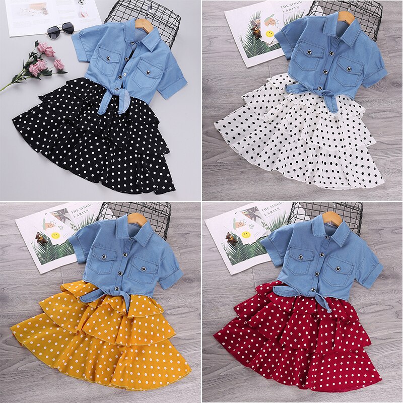 Short-Sleeved Denim Jacket And Polka Dot Suspender Skirt Set-Children Cloth Shop