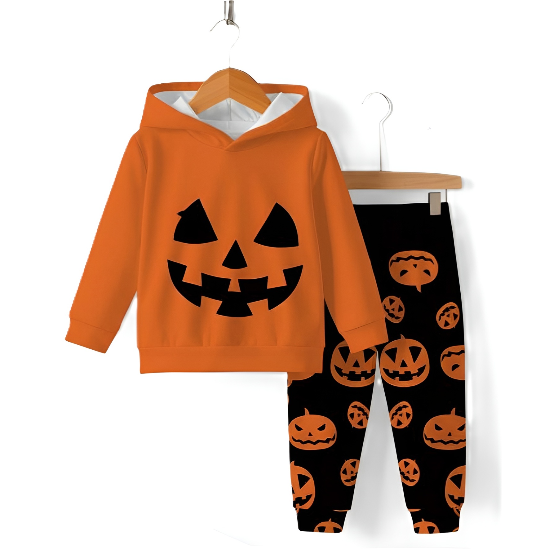 Halloween Pumpkin Print Hooded Sweatshirt Onesie Set For Boys And Girls