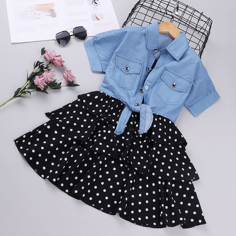 Short-Sleeved Denim Jacket And Polka Dot Suspender Skirt Set-Children Cloth Shop