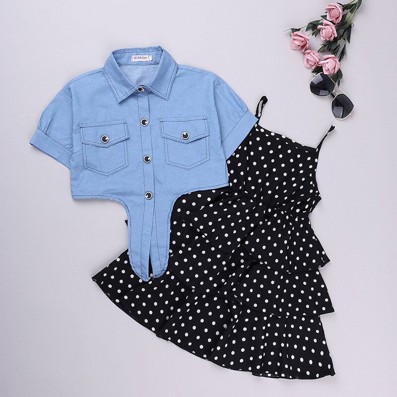Short-Sleeved Denim Jacket And Polka Dot Suspender Skirt Set-Children Cloth Shop