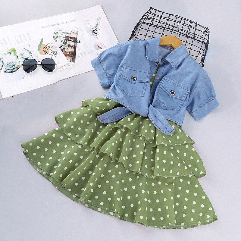 Short-Sleeved Denim Jacket And Polka Dot Suspender Skirt Set-Children Cloth Shop
