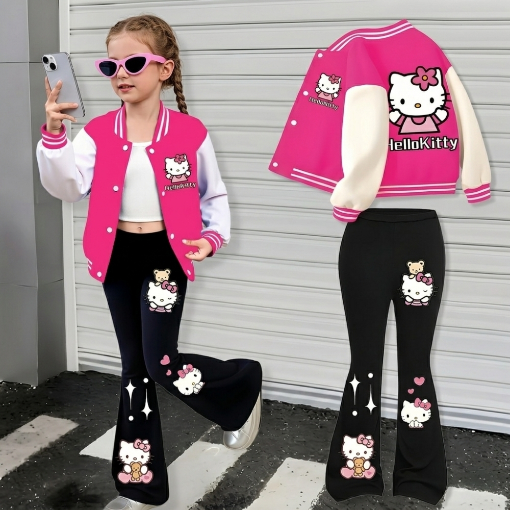 Hello Kitty Cartoon Print Jacket And Flared Pants Girls 2 Piece Set For Girls