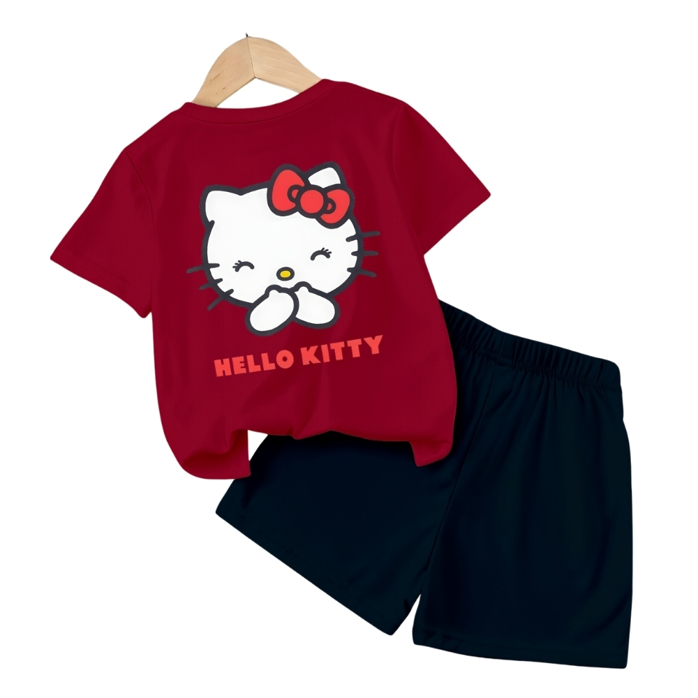 Hello Kitty Double Sided Print Mesh T Shirt And Shorts Set For Girls
