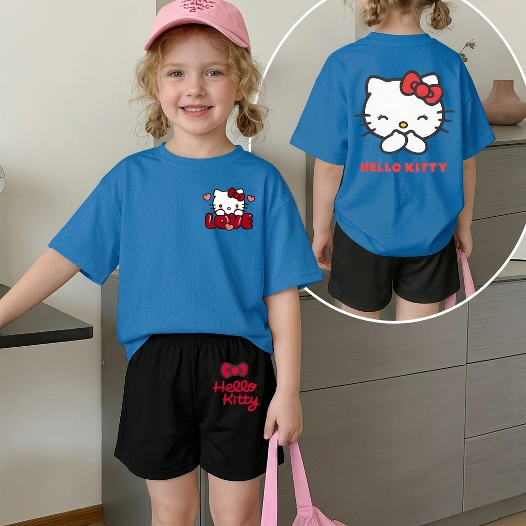Hello Kitty Double Sided Print Mesh T Shirt And Shorts Set For Girls