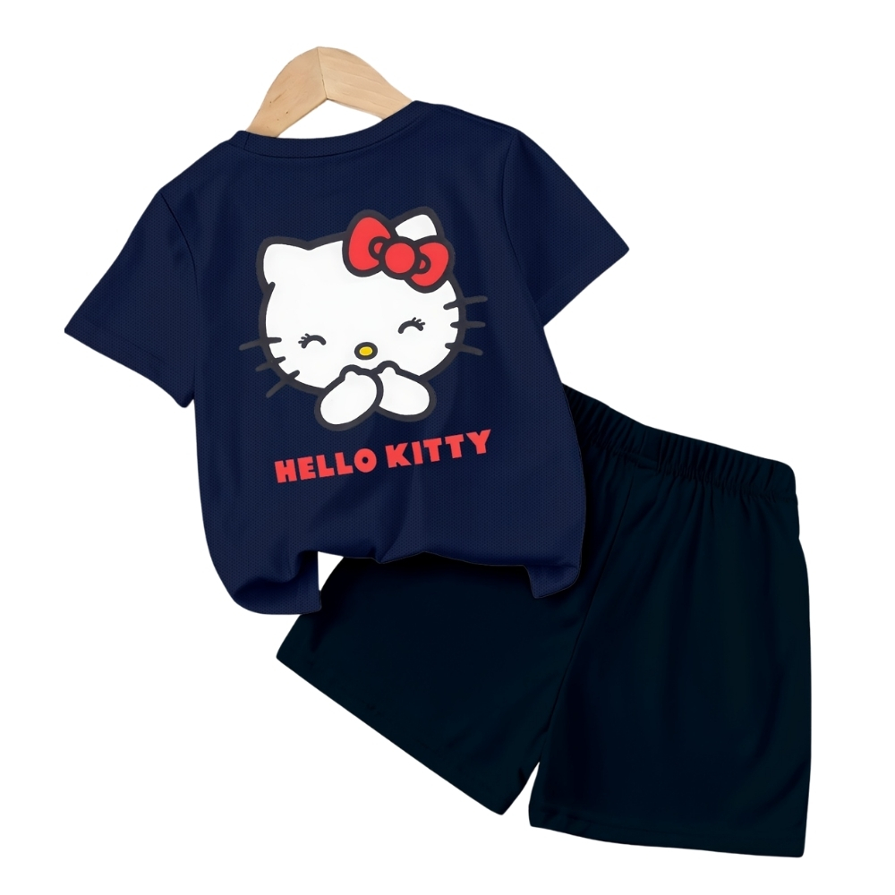 Hello Kitty Double Sided Print Mesh T Shirt And Shorts Set For Girls
