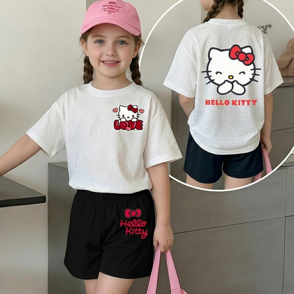 Hello Kitty Double Sided Print Mesh T Shirt And Shorts Set For Girls