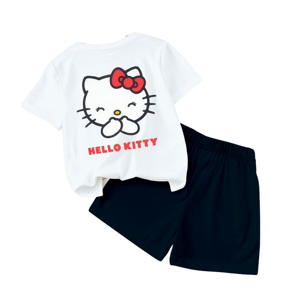 Hello Kitty Double Sided Print Mesh T Shirt And Shorts Set For Girls