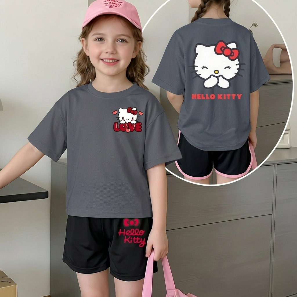 Hello Kitty Double Sided Print Mesh T Shirt And Shorts Set For Girls