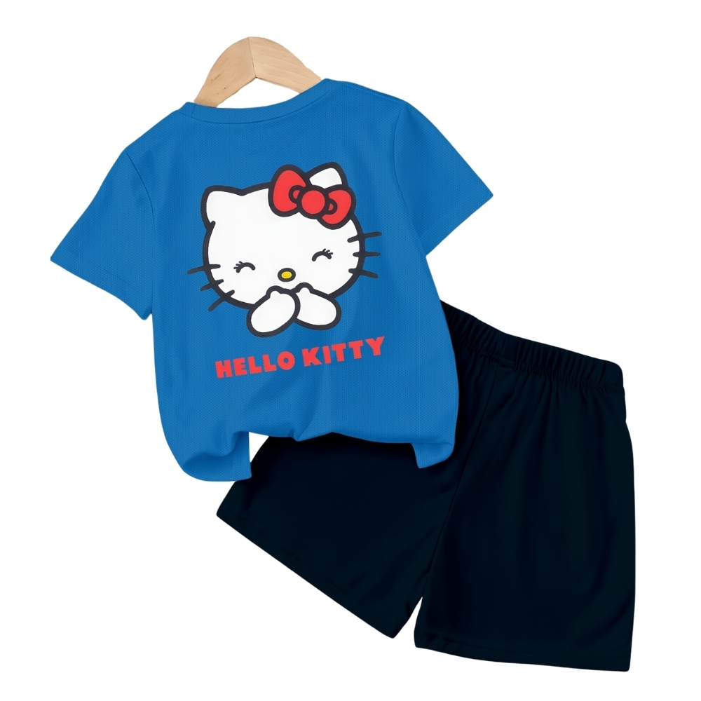 Hello Kitty Double Sided Print Mesh T Shirt And Shorts Set For Girls