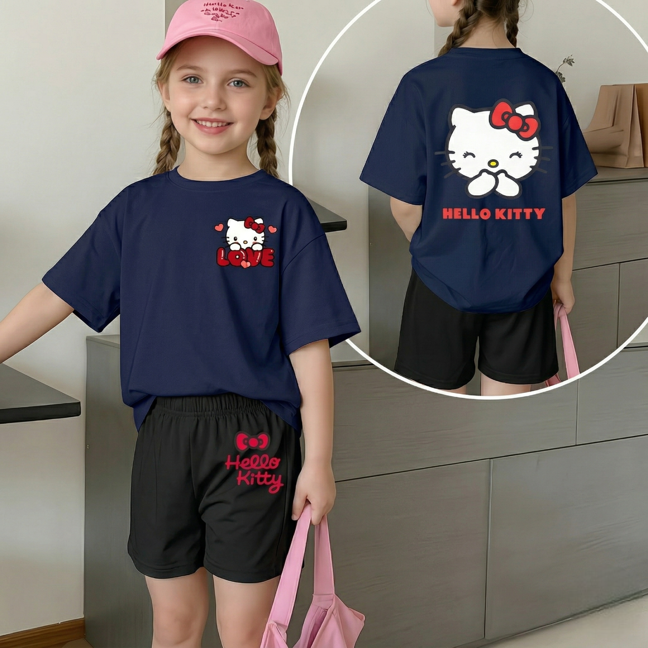 Hello Kitty Double Sided Print Mesh T Shirt And Shorts Set For Girls