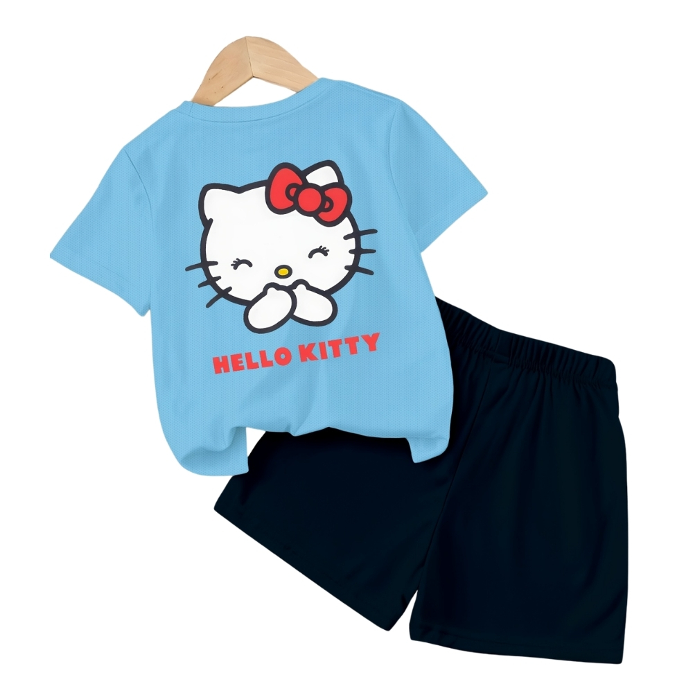 Hello Kitty Double Sided Print Mesh T Shirt And Shorts Set For Girls