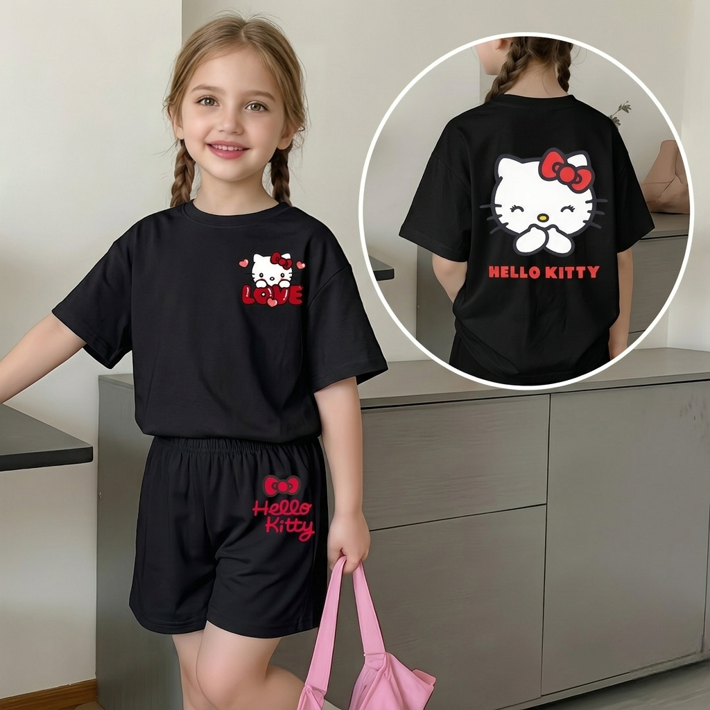 Hello Kitty Double Sided Print Mesh T Shirt And Shorts Set For Girls