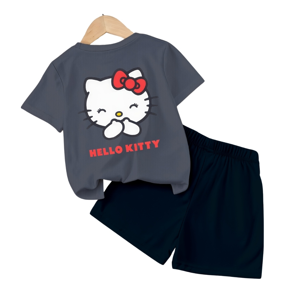Hello Kitty Double Sided Print Mesh T Shirt And Shorts Set For Girls