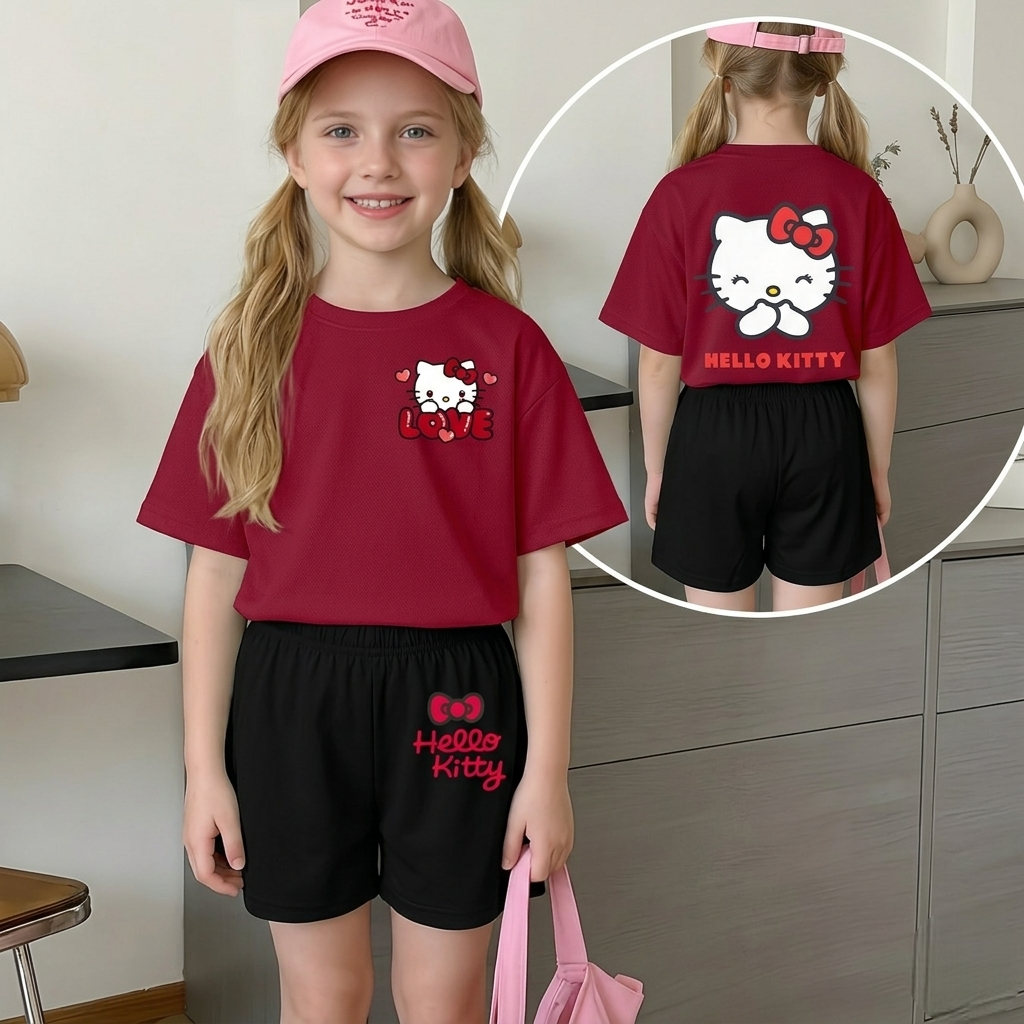 Hello Kitty Double Sided Print Mesh T Shirt And Shorts Set For Girls