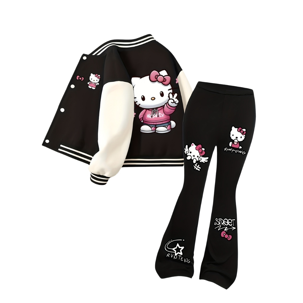 Hello Kitty Graphic Print Baseball Jacket And Flared Pants Set For Girls