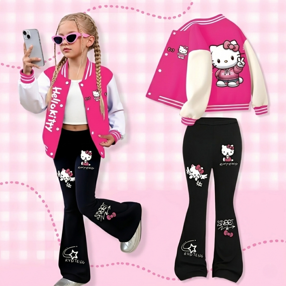 Hello Kitty Graphic Print Baseball Jacket And Flared Pants Set For Girls