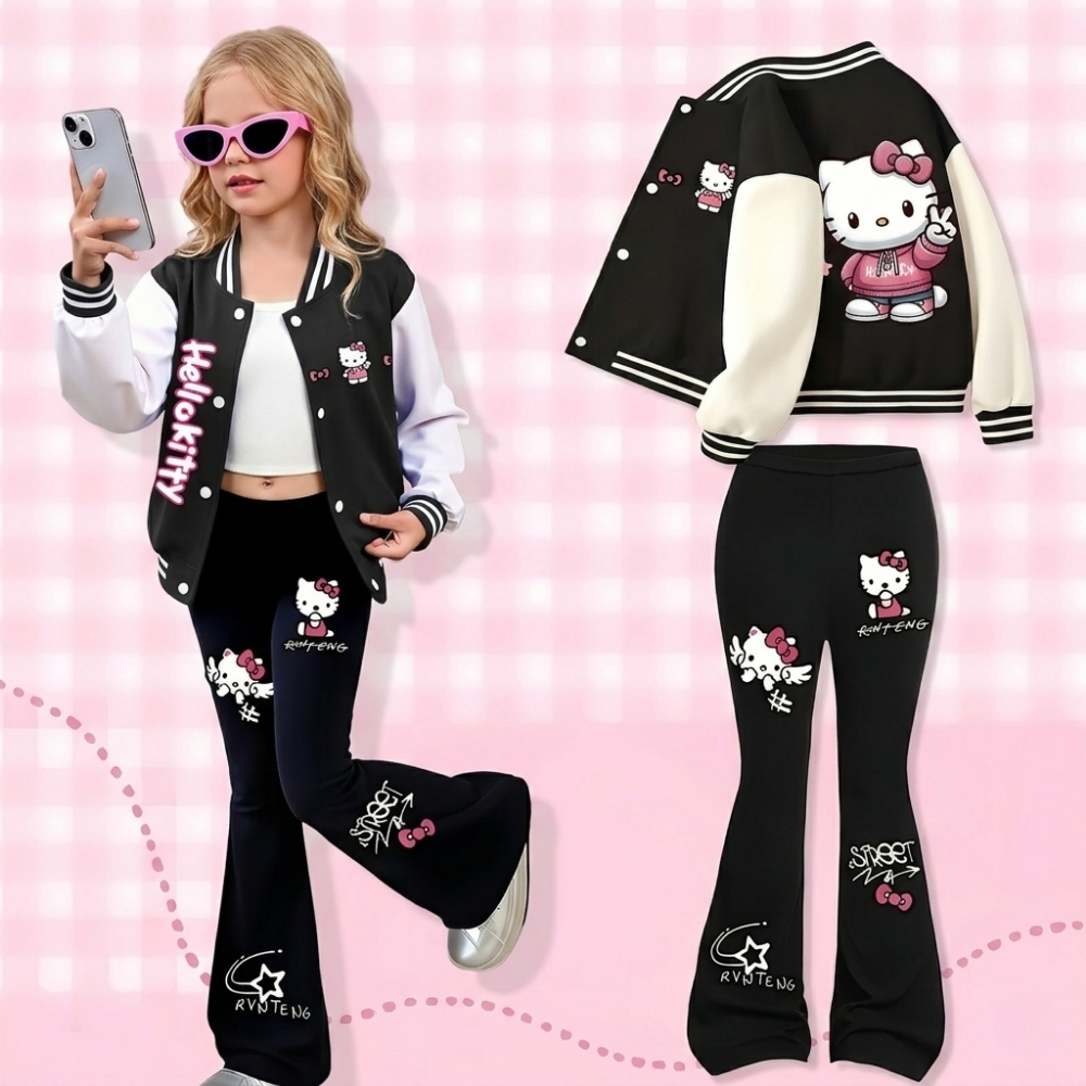 Hello Kitty Graphic Print Baseball Jacket And Flared Pants Set For Girls