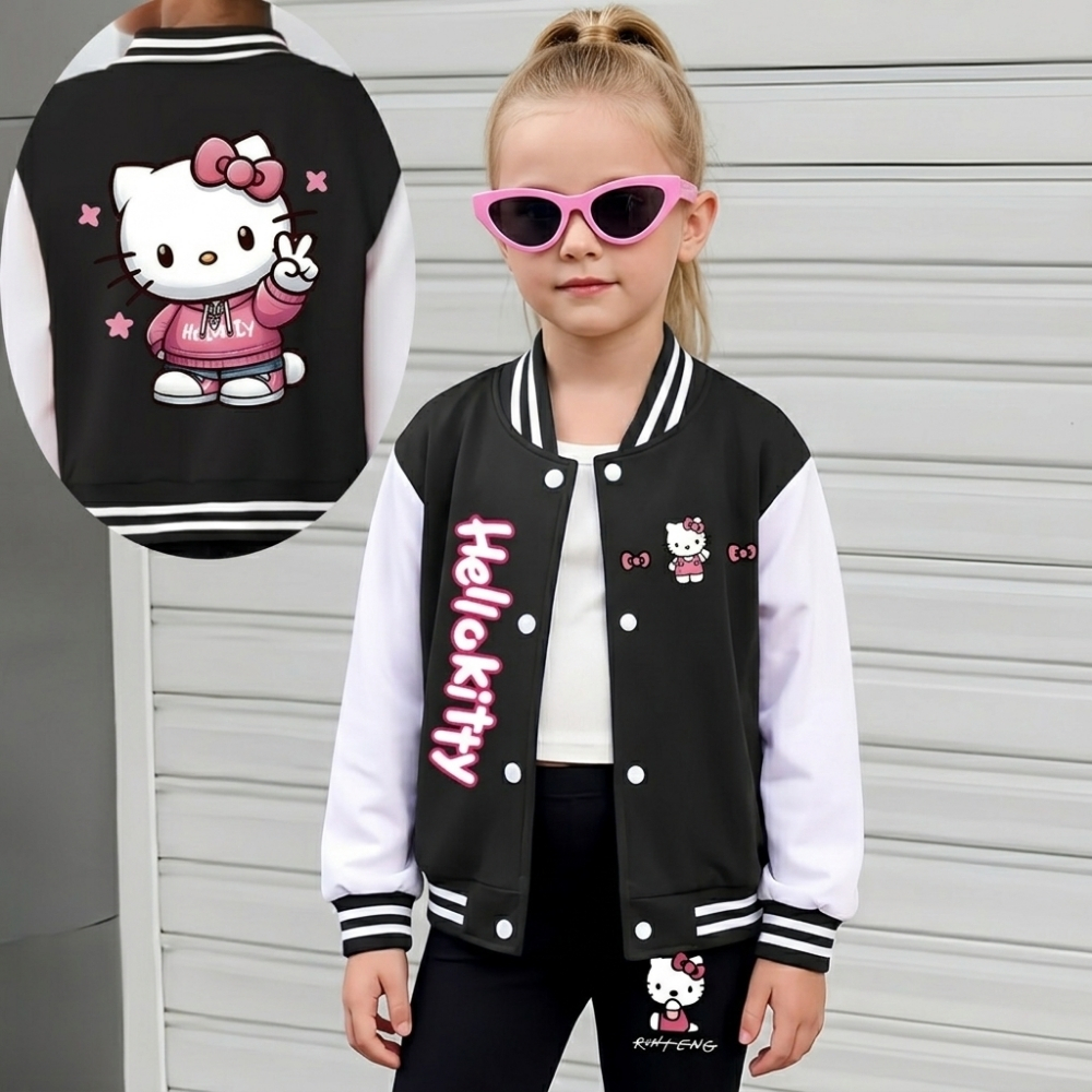 Hello Kitty Graphic Print Baseball Jacket And Flared Pants Set For Girls