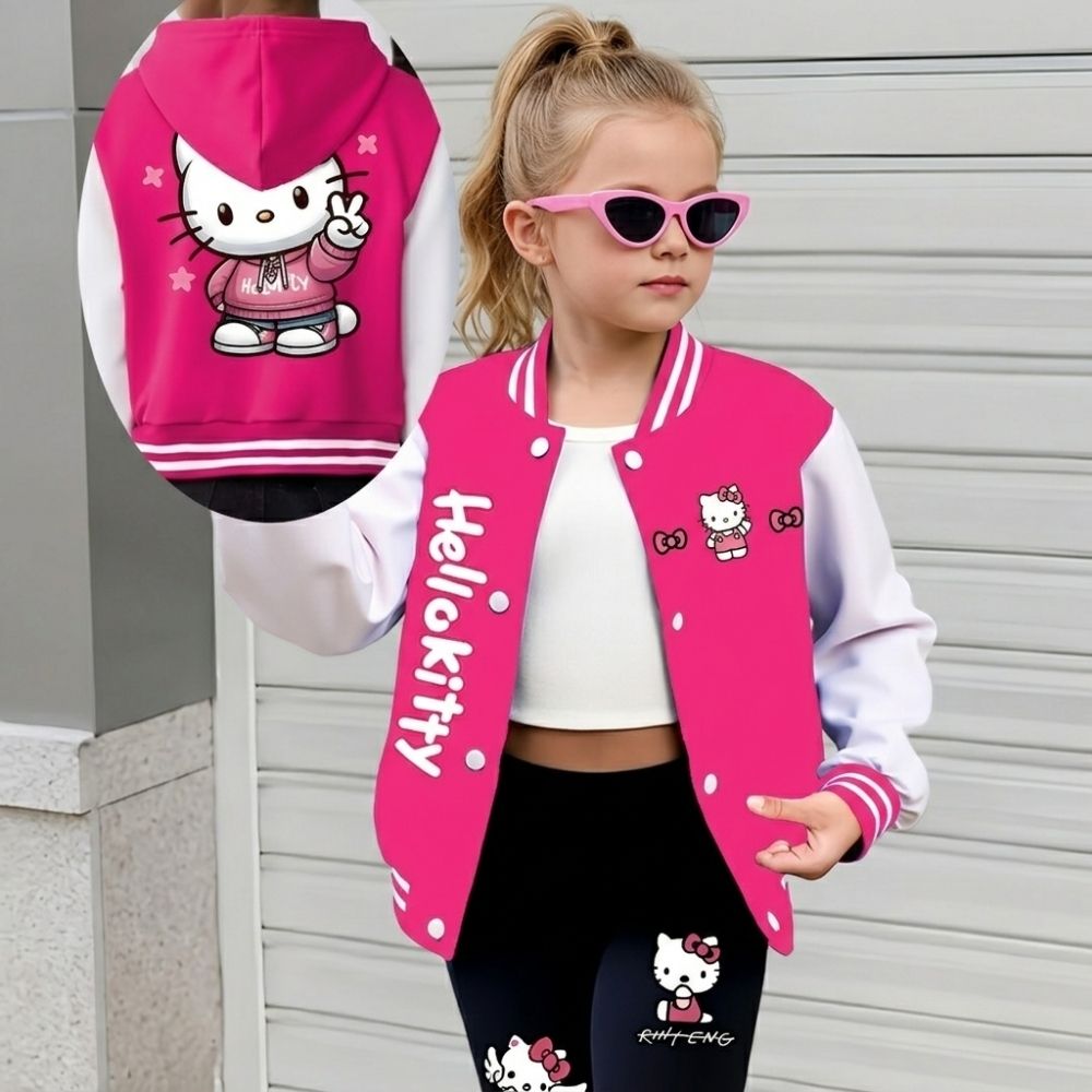 Hello Kitty Graphic Print Baseball Jacket And Flared Pants Set For Girls